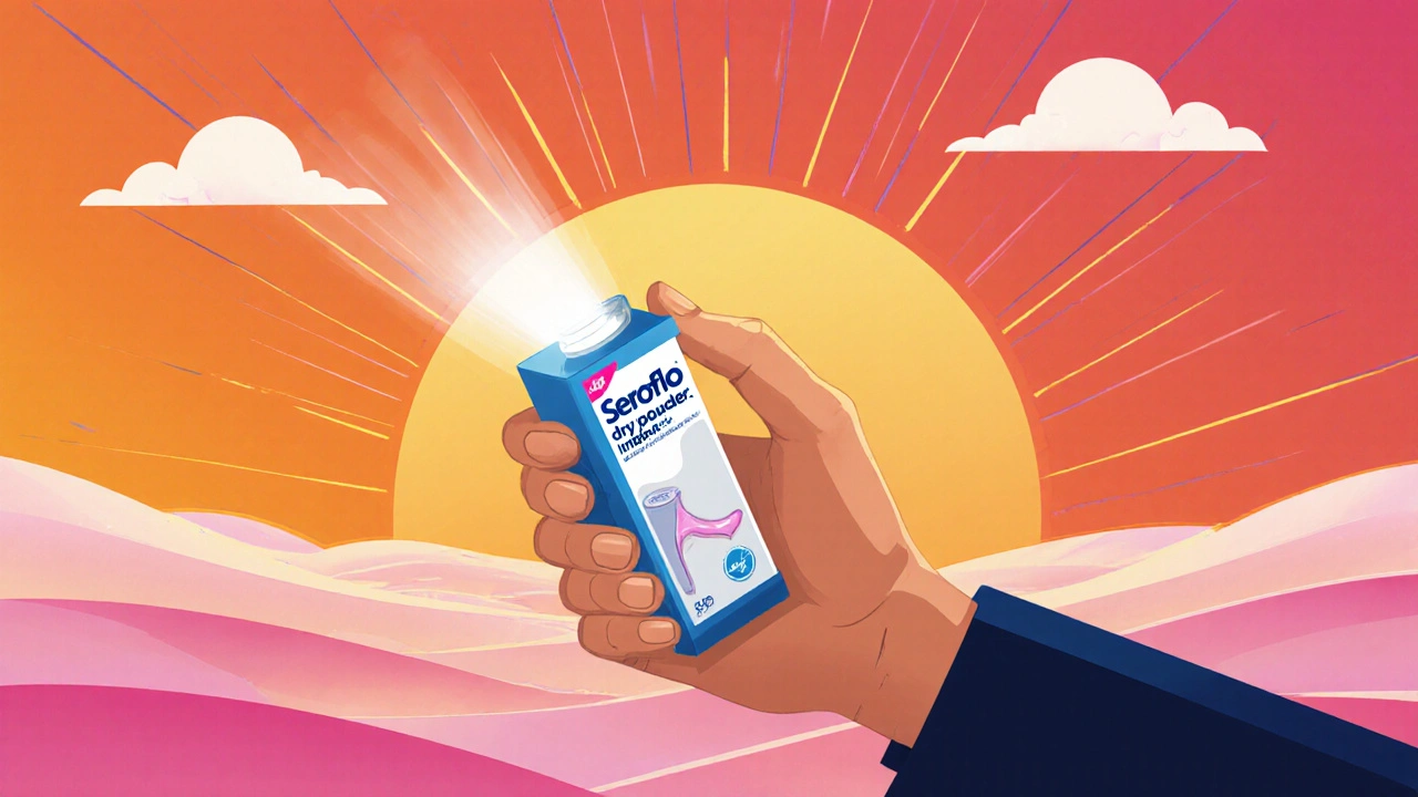 A hand holding a Seroflo inhaler against a sunrise sky, symbolizing a confident choice.