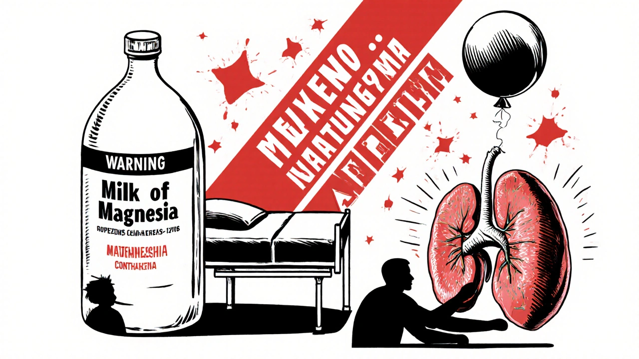 A looming milk of magnesia bottle causing kidney strain and deflating lungs, in warning-themed poster style.