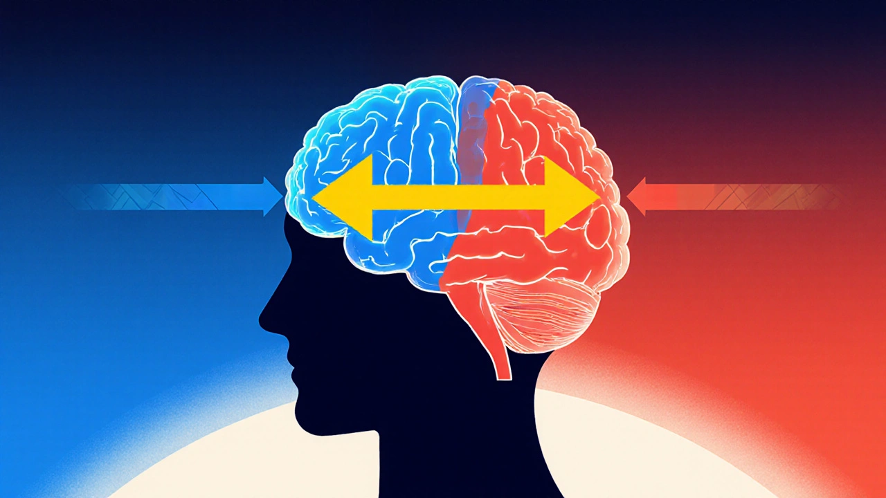 Brain split into calming blue GABA side and red NMDA side, linked by bright arrows of acamprosate.