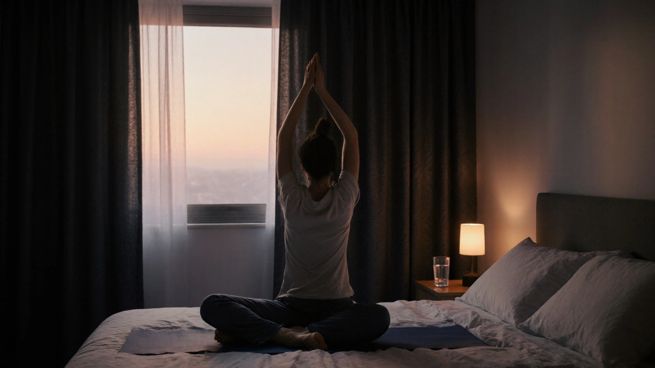 Calm bedroom scene with person stretching, cool dark environment promoting healthy sleep for joints.