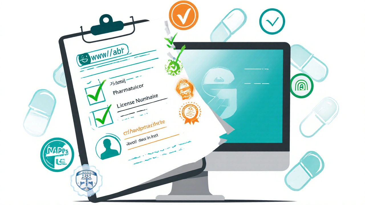 Checklist graphic showing verification steps for online pharmacies.