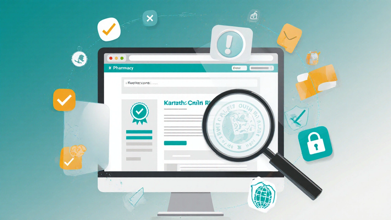Close-up of a computer screen showing safety badges and a checklist for verifying an online pharmacy.