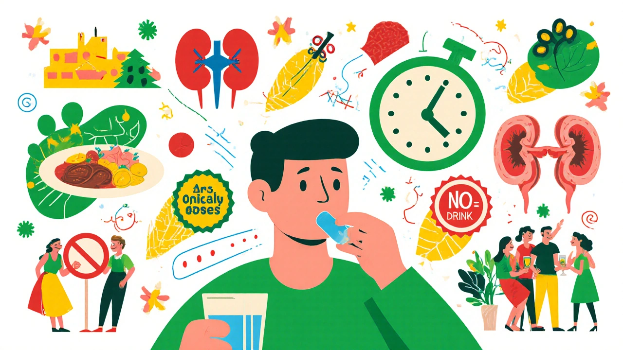 Collage of icons showing daily pill schedule, kidney monitoring, counseling, and holiday support.