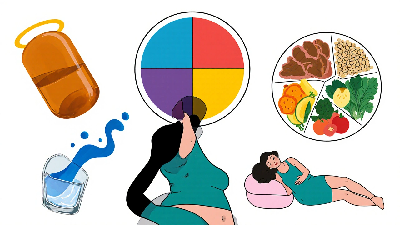Collage of prenatal vitamin, balanced plate, water glass, yoga pose, and pillow.