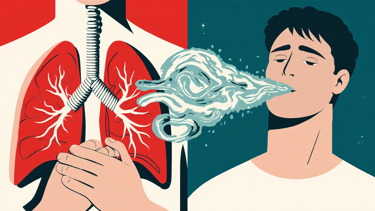 Contrasting images of constricted and open airways, with magnesium ions easing breathing.