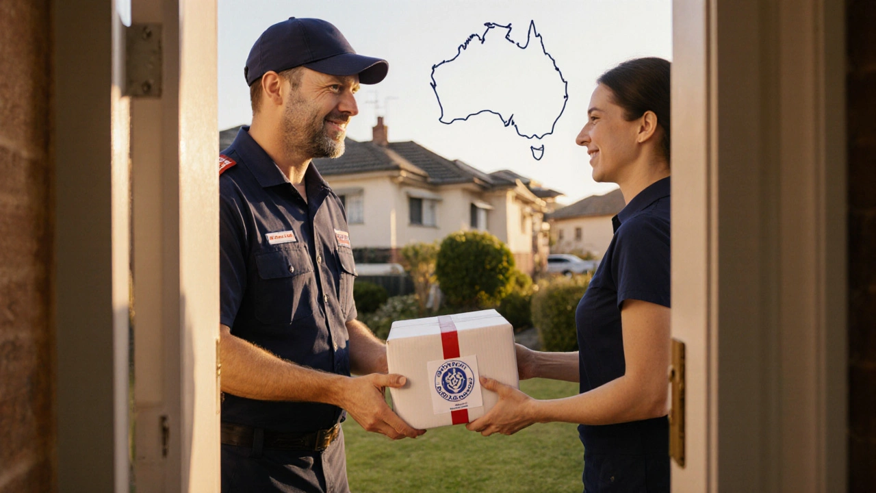 Courier delivering a sealed pharmacy parcel to a homeowner at a suburban front door.