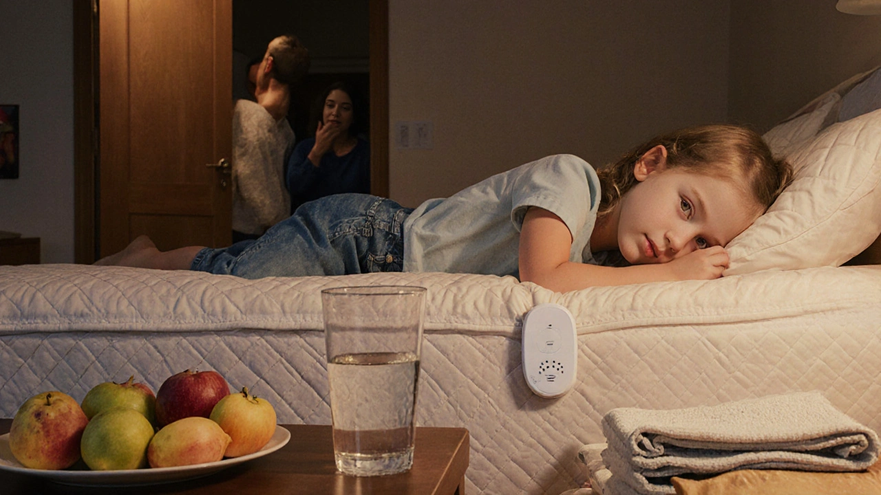 Cozy bedroom with child using enuresis alarm, water glass, fruits, and supportive parents.