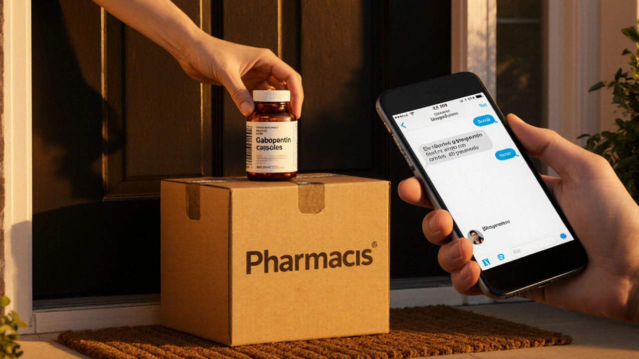 Delivery box with medication and a phone chat with a pharmacist.