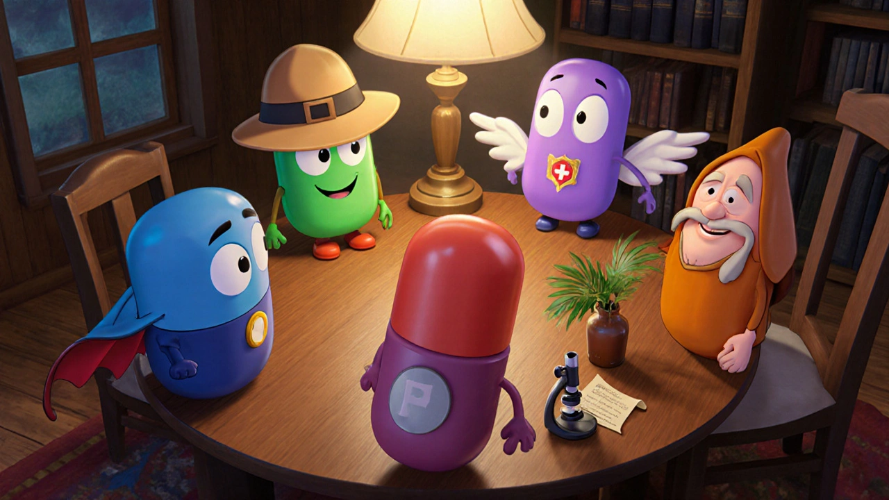 Disney cartoon characters of six BPH meds gathered around a table.