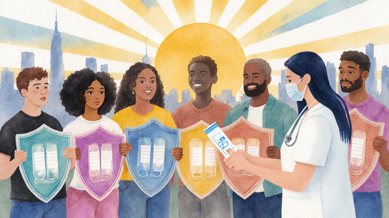 Diverse young adults holding protective shields under a sunrise, representing STI screening.