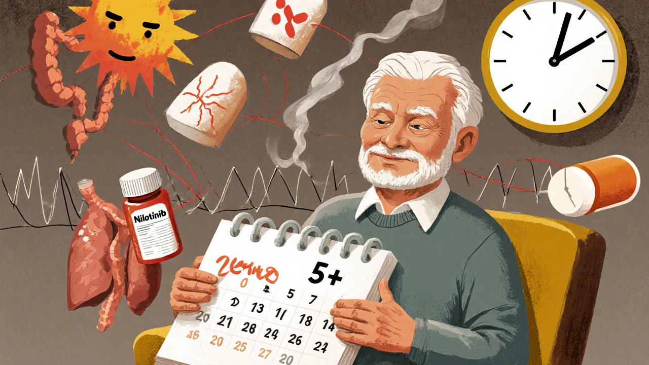 Elderly patient with floating cancer symbols above them connected to a nilotinib pill bottle, in bold graphic poster style.