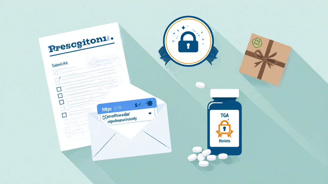 Flat lay of prescription, smartphone, pharmacy badge, shipping box, and ciprofloxacin tablets.