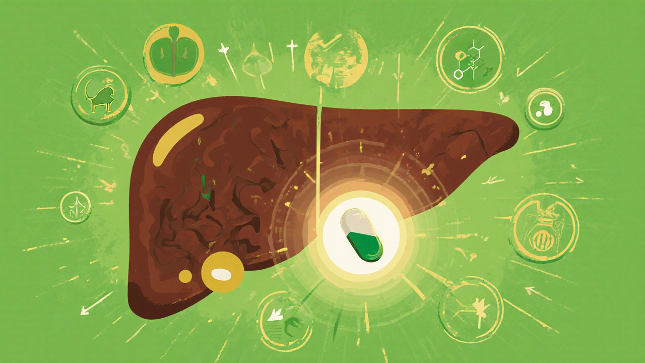 Healthy glowing liver with normalized ALT/AST and an Entecavir pill nearby.