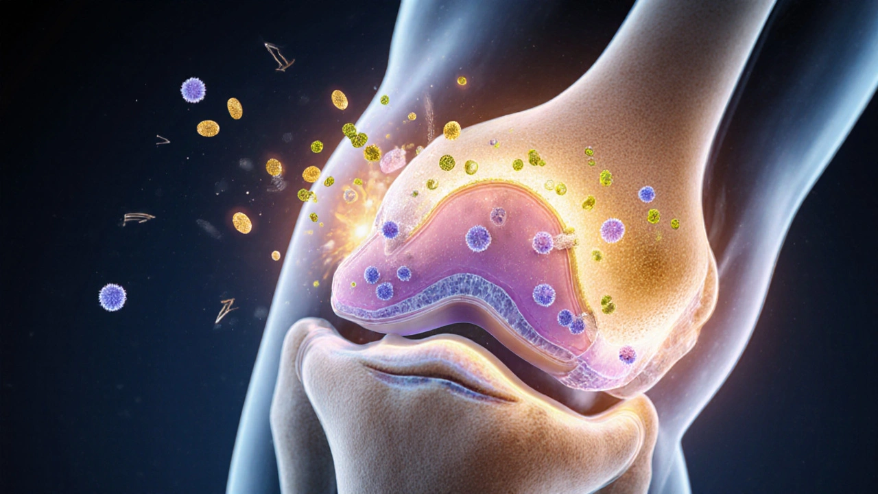 Illustrated knee joint showing growth hormone and melatonin aiding cartilage repair during deep sleep.