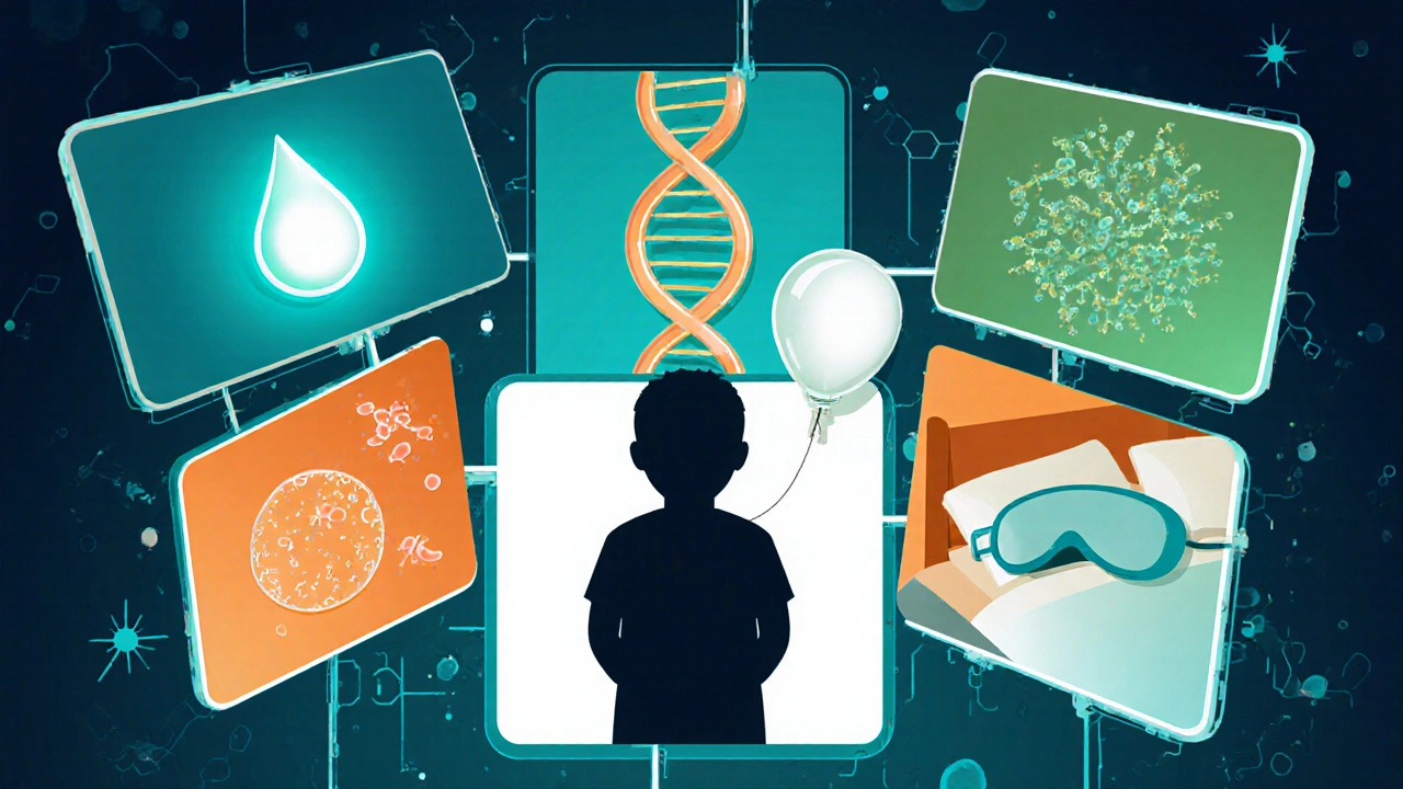 Illustrated panels showing hormone, bladder, DNA, infection, diabetes, and sleep apnea around child.