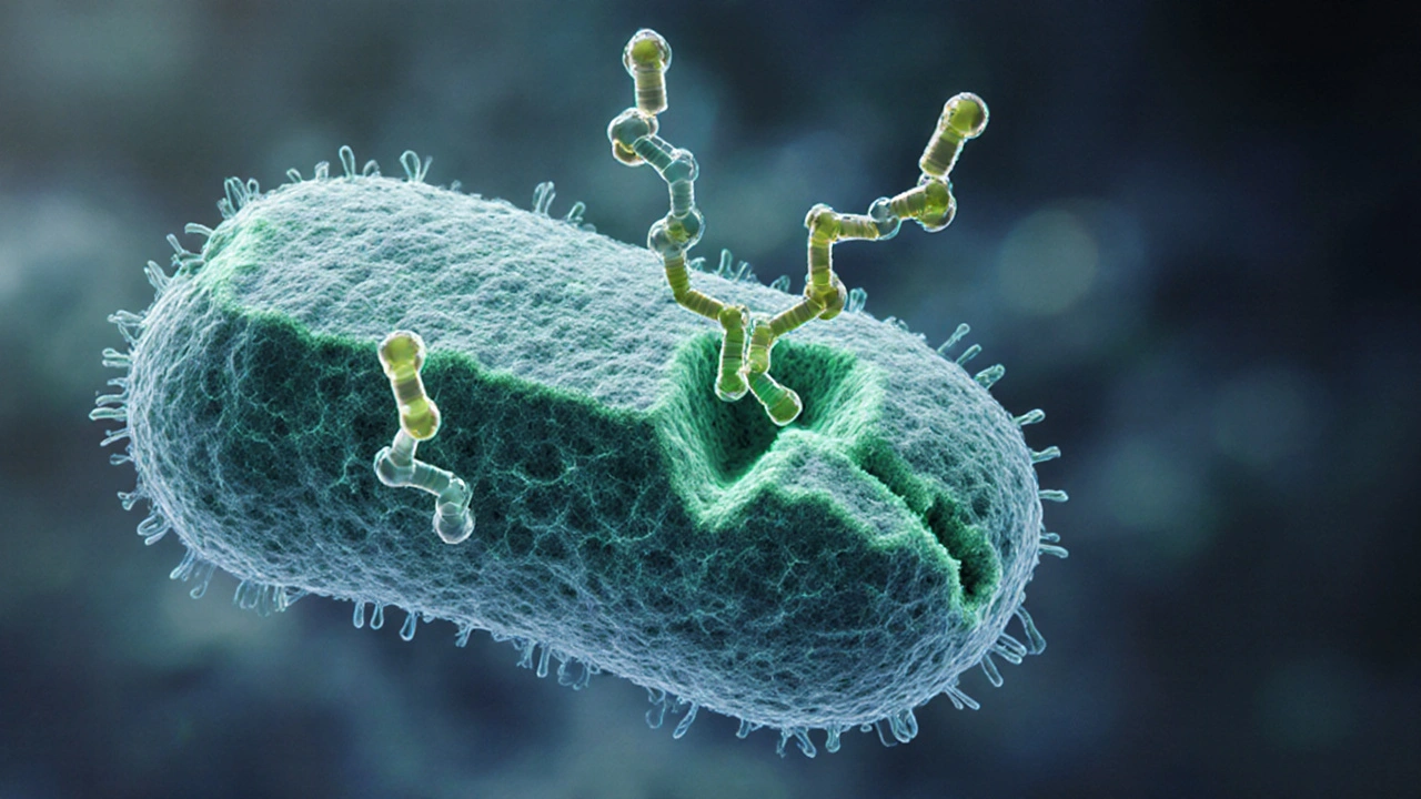 Illustration of a bacterial cell wall being disrupted by cephalexin molecules.