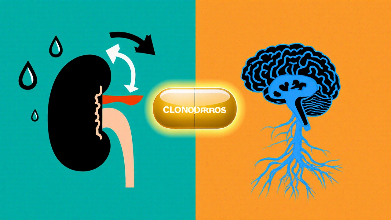 Kidney with water droplets and brainstem with calming lines linked by a Combipres tablet.
