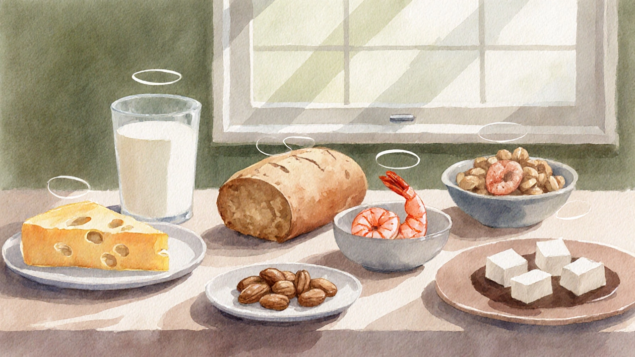 Kitchen display of dairy, gluten, shrimp, nuts, and soy foods as common allergens.