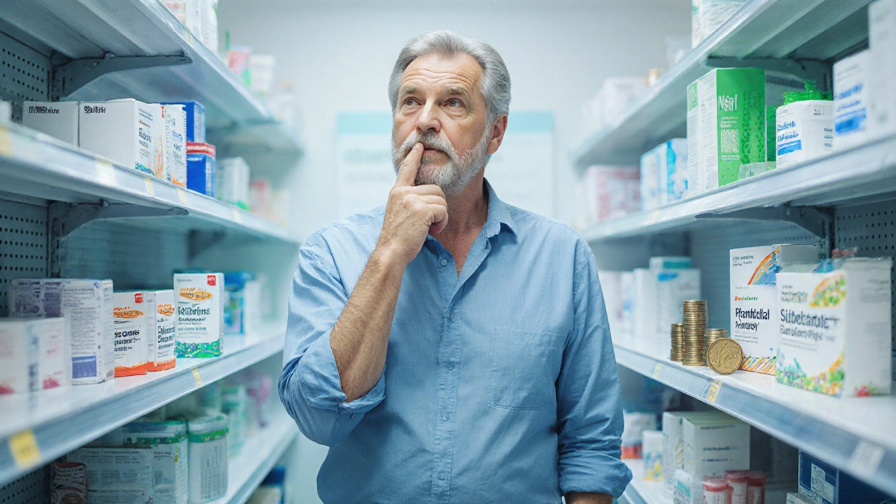 Man in pharmacy aisle choosing between generic tablets and premium sublingual films, with coin piles indicating cost.