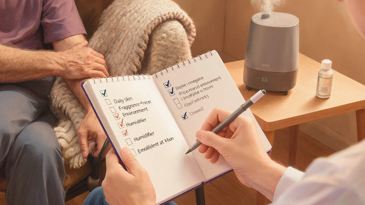Pastel scene of caregiver checking an elderly man's skin with a notebook.