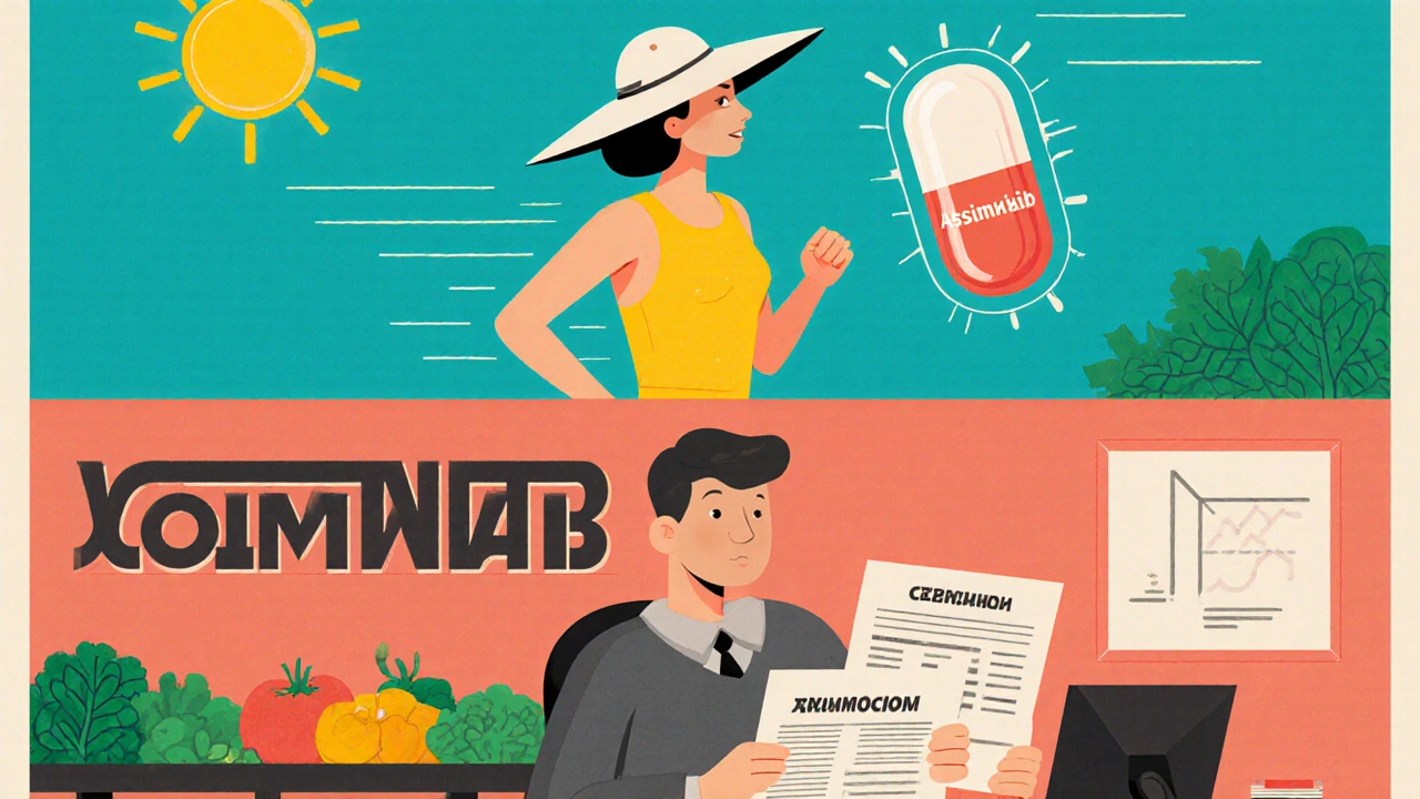 Patient in sunlight and clinic, split scene showing healthy habits and medical checks with a new drug capsule above, in flat poster colors.