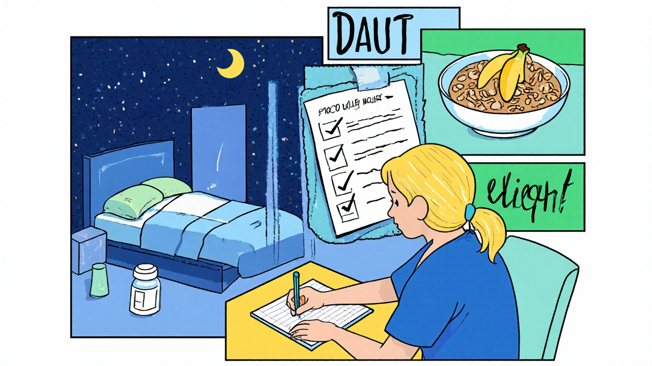 Person using a diary, medication, and elevated bed to manage heartburn.