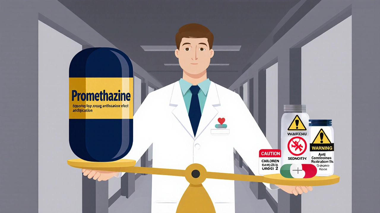 Pharmacist holding scale with Promethazine on one side and alternative pills with warning symbols on the other.