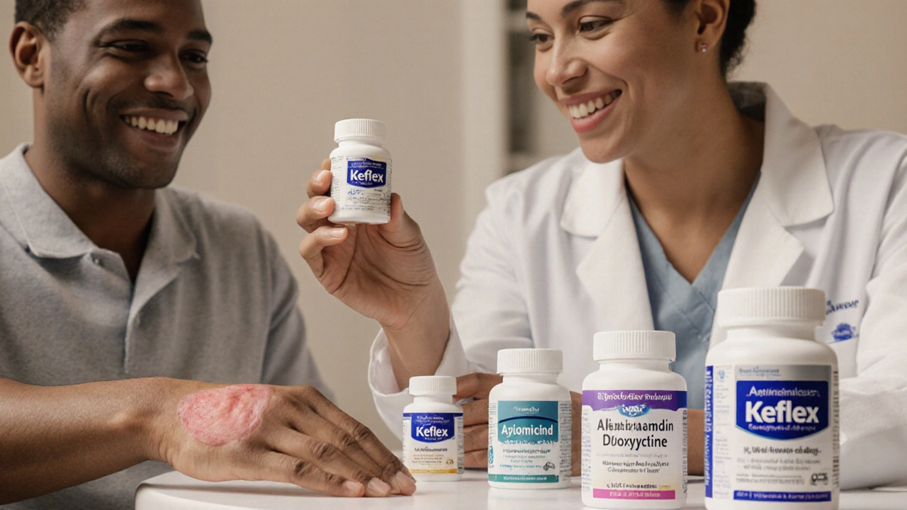 Physician offering Keflex to a patient with a skin infection, alternative pills shown faintly.