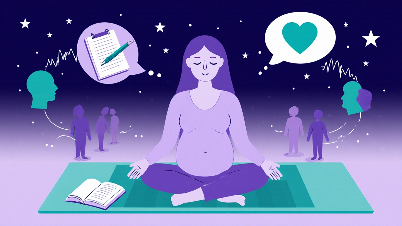 Pregnant woman meditates surrounded by journaling, support group, and brain icons.
