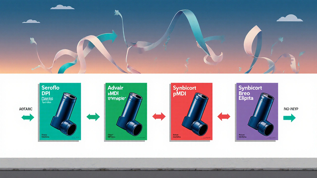 Row of different inhalers displayed as graphic icons on a bold, colorful background, highlighting device types.