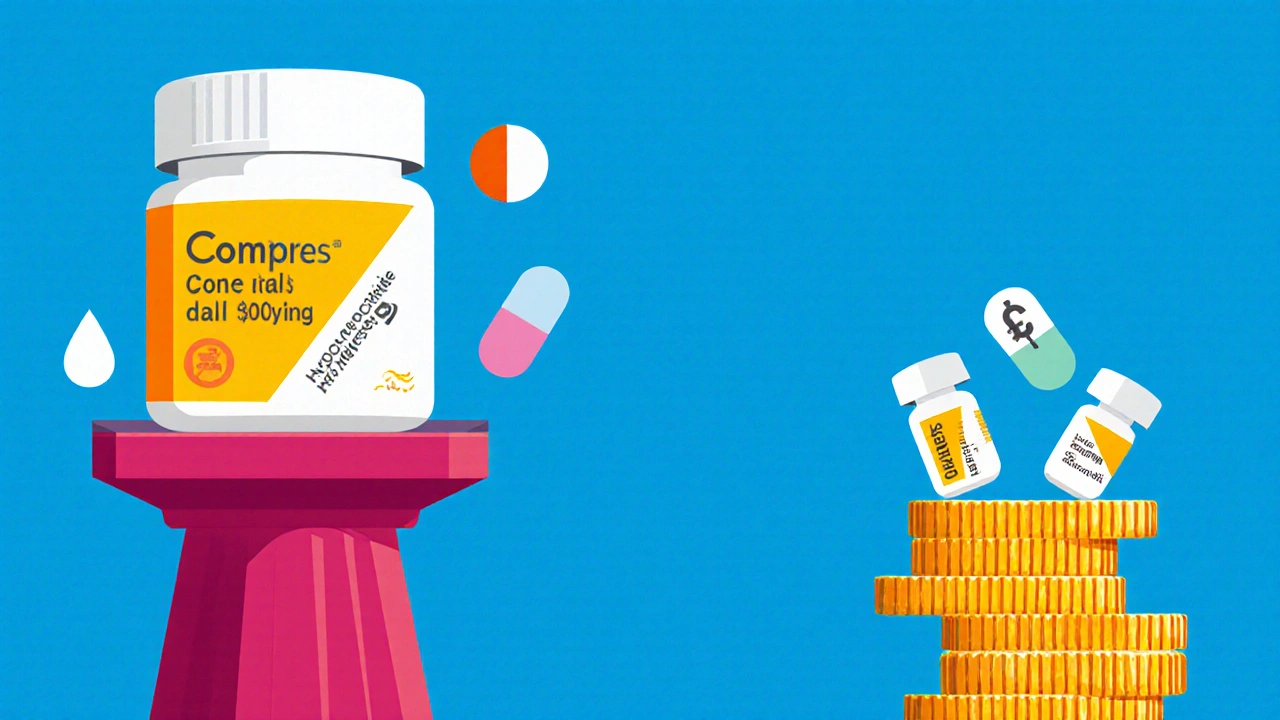 Scale balancing a Combipres pill with side‑effect icons against multiple single‑drug pills.