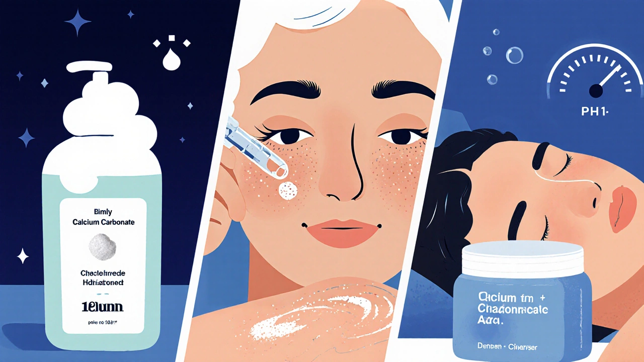 Skincare routine showing cleanser, toner, and night cream with calcium carbonate.