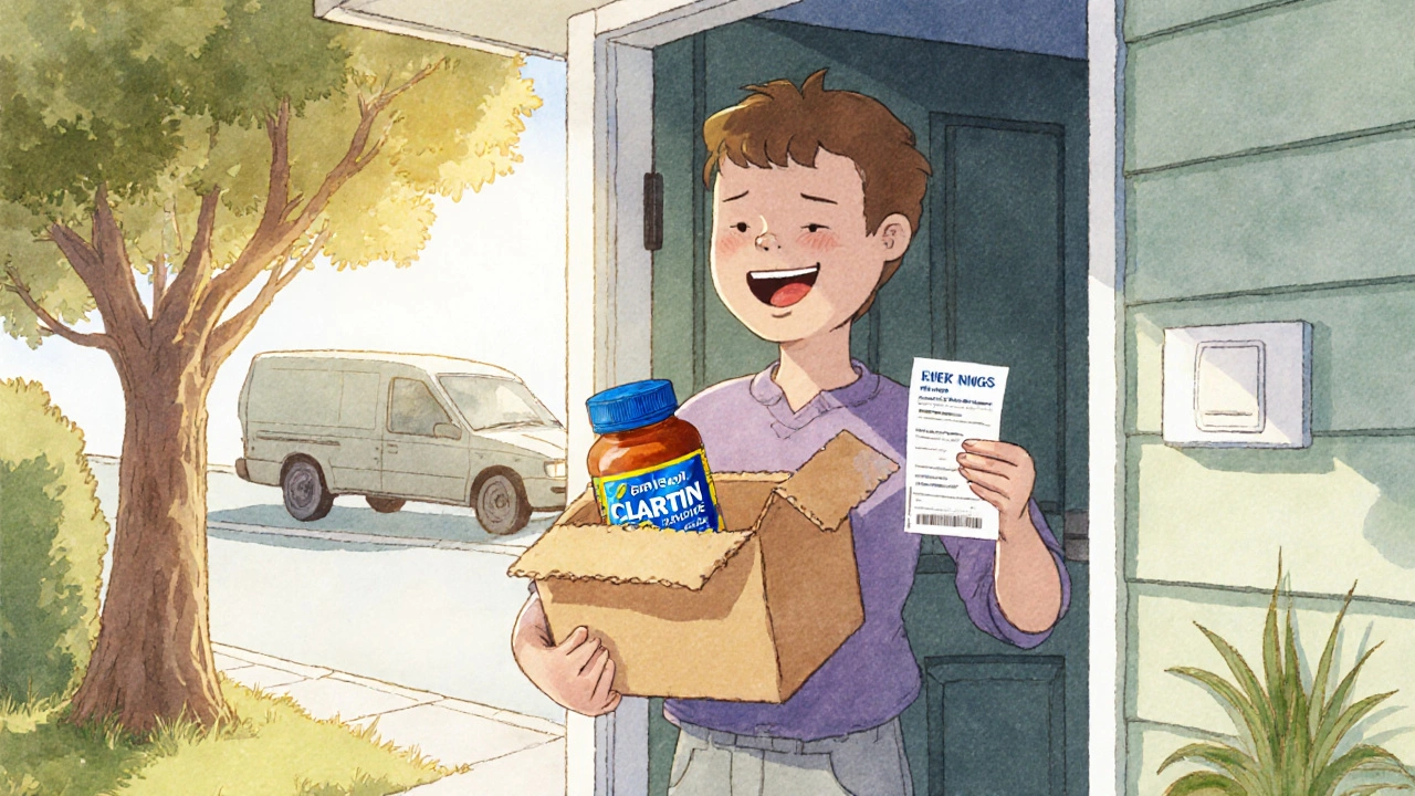 Smiling recipient opening a delivery box containing generic Claritin tablets, with an Australian flag subtly in background.