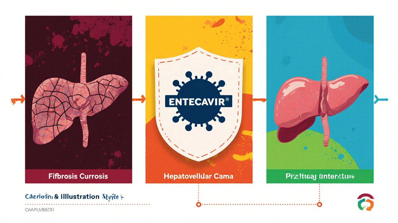 Timeline of scarred liver improving, shielded by Entecavir reducing cirrhosis and cancer risk.