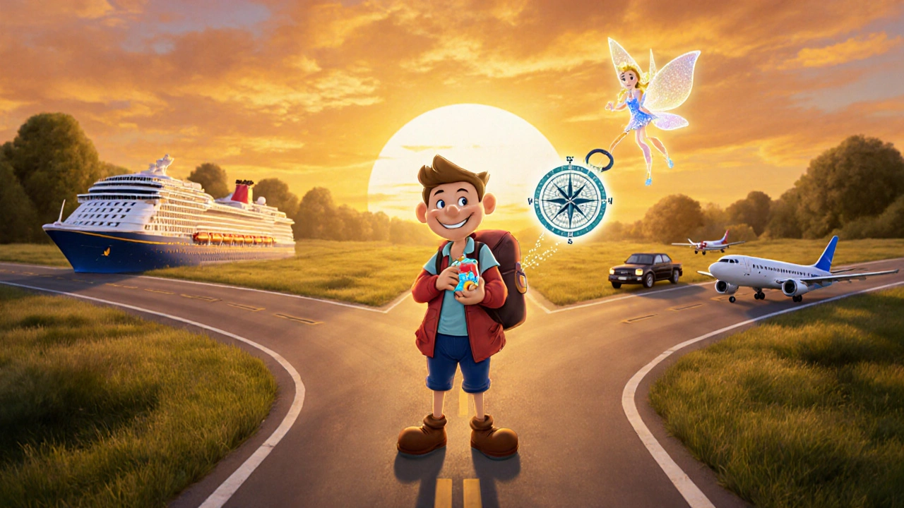 Traveler at a crossroads guided by a fairy with a compass, Disney‑style scene.