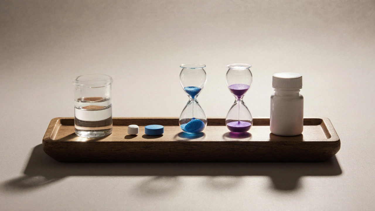Tray displaying sublingual film, generic tablet, Viagra, Levitra, and Stendra with hourglass icons showing duration.