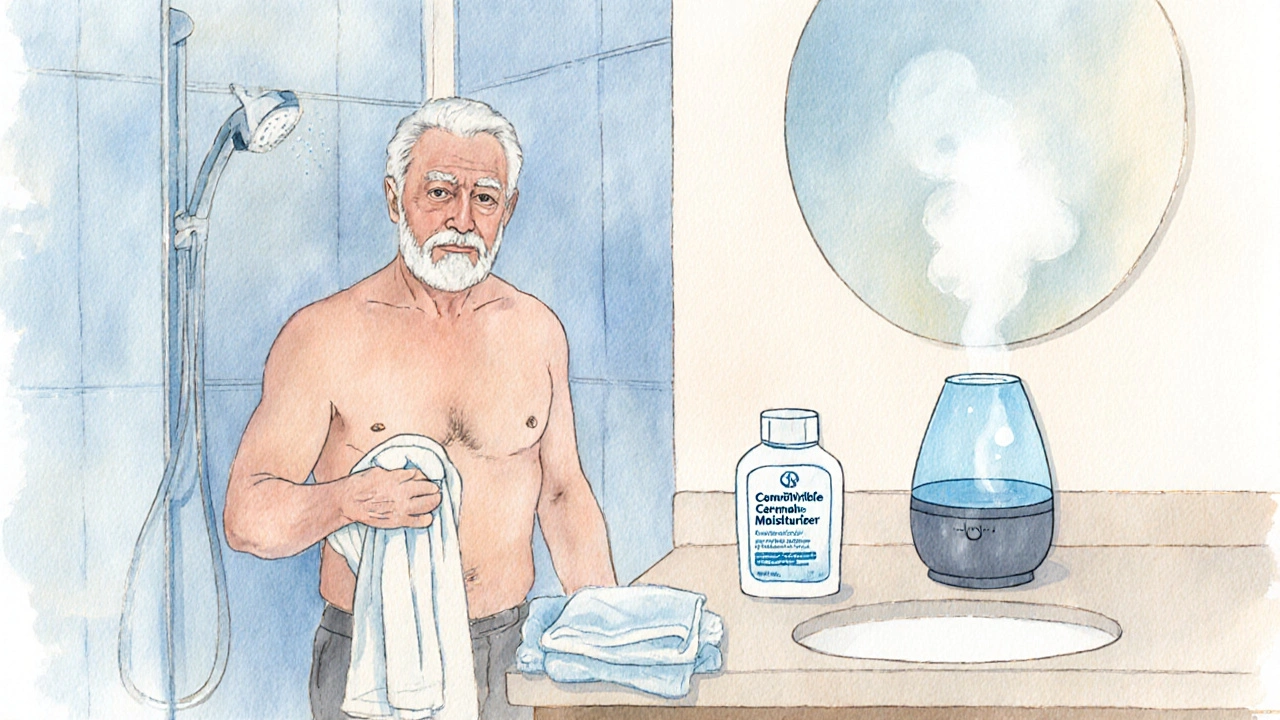 Watercolor of a senior's bathroom routine: shower, towel, moisturizer, cool compress.