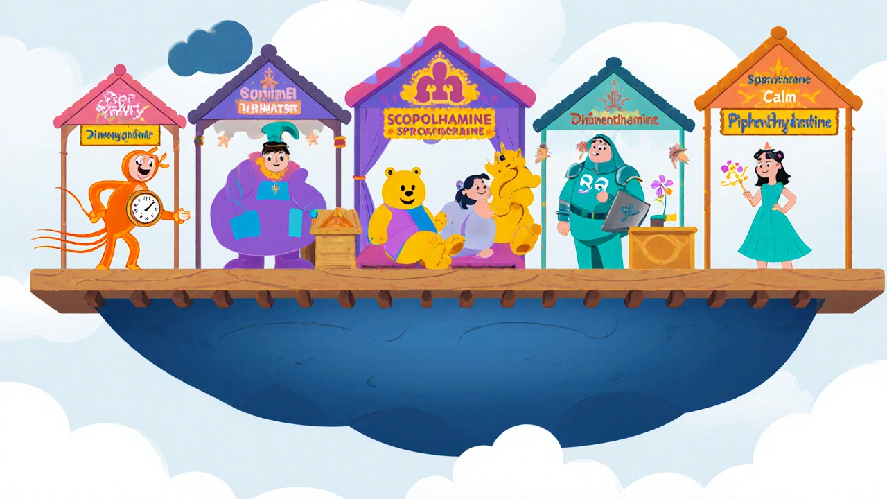 Whimsical bazaar with character avatars for motion‑sickness drugs, Disney illustration.