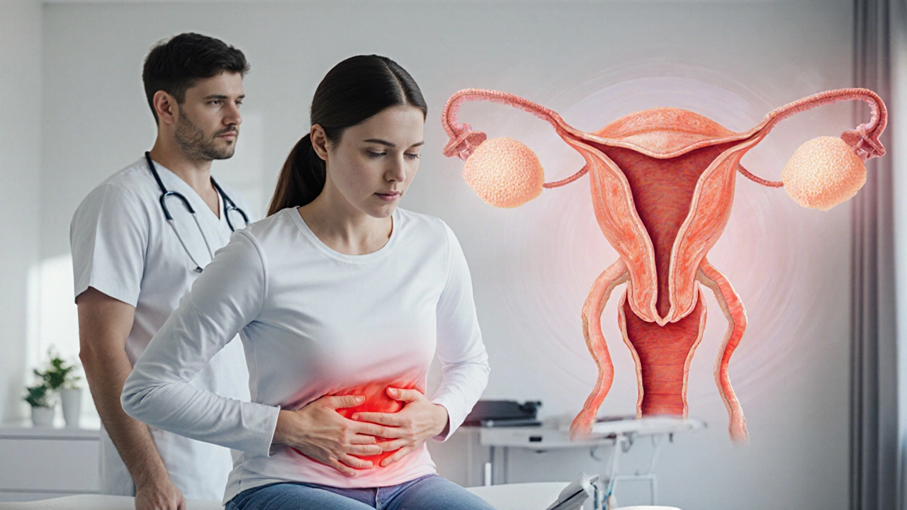 Woman holding abdomen with overlay of inflamed reproductive organs indicating PID.