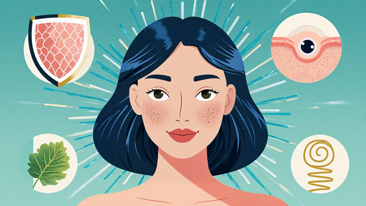 Woman with radiant skin surrounded by icons of barrier, acne, eczema, and collagen benefits.