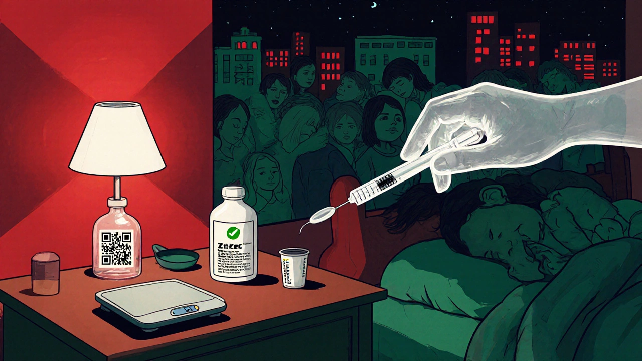A child’s nightstand with a glowing QR code and syringe, blocking a dangerous kitchen spoon with a translucent protective hand.