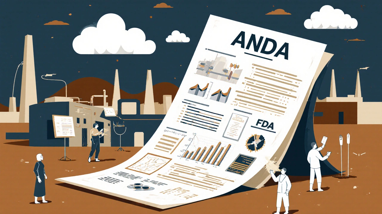 A massive ANDA dossier unrolling across factories and labs with floating regulatory data in stylized illustration.