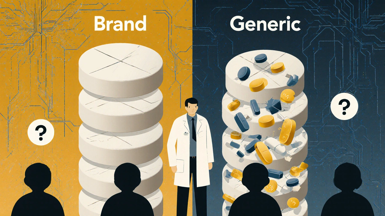 A neurologist stands between brand and generic pill columns, with anxious patients below, rendered in bold geometric poster art.