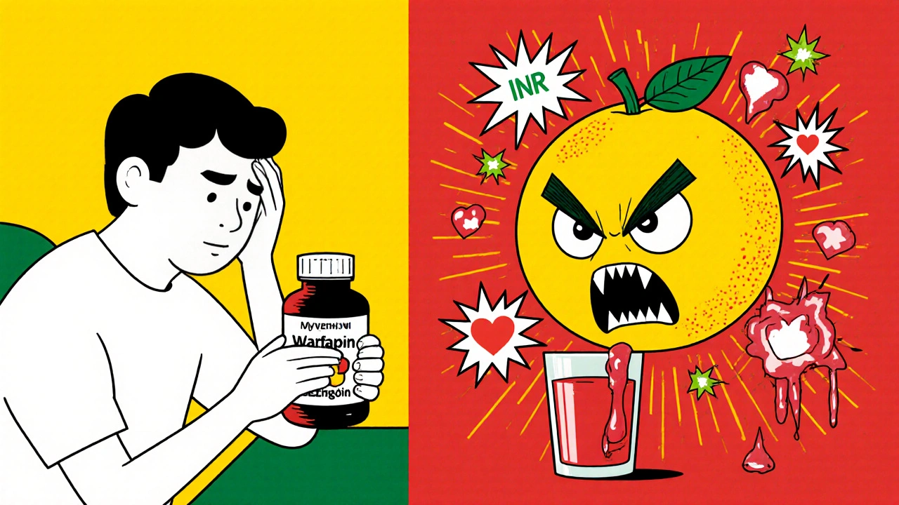 A patient beside a menacing grapefruit threatening a warfarin bottle, with medical symbols exploding around them.
