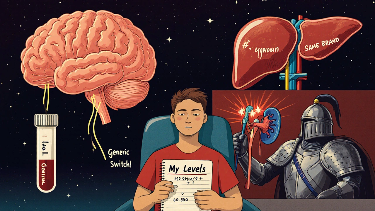 A patient holding a blood level journal, with floating organs and a mural of pill-armored knights guarding a kidney.