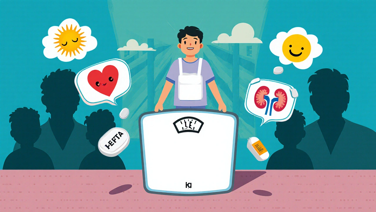 A patient stands tall on a scale showing weight loss, surrounded by friendly medical symbols as older drugs fade away.