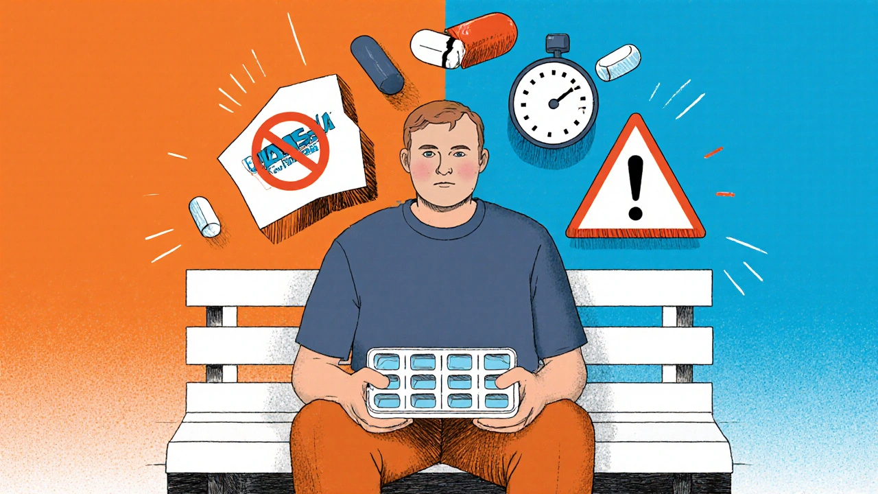 A patient with a pill organizer surrounded by warning symbols in abstract Polish poster design.