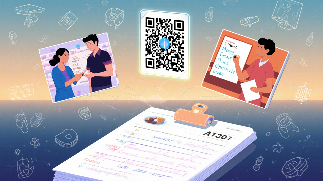 A QR code transforms into an Instagram carousel showing real patient experiences with generic medications in stylized illustration.