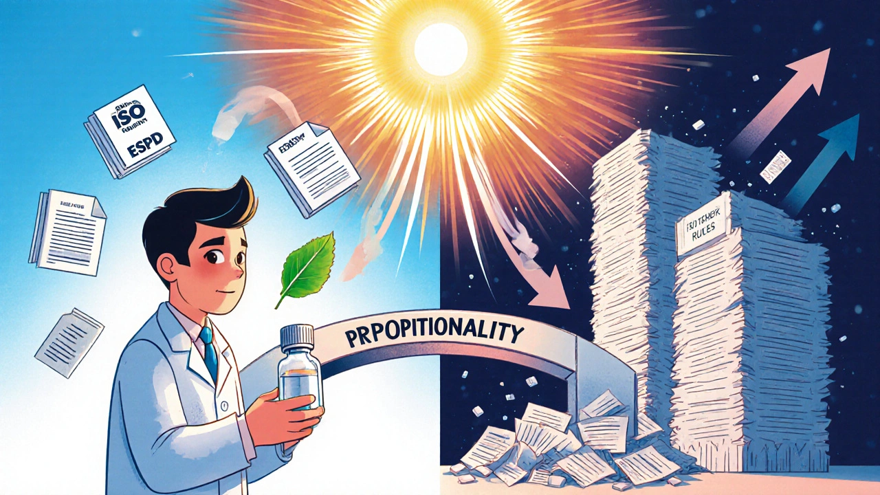 A small manufacturer on one side, bureaucracy on the other, connected by a bridge labeled &#039;Proportionality&#039; under EU tender rules.