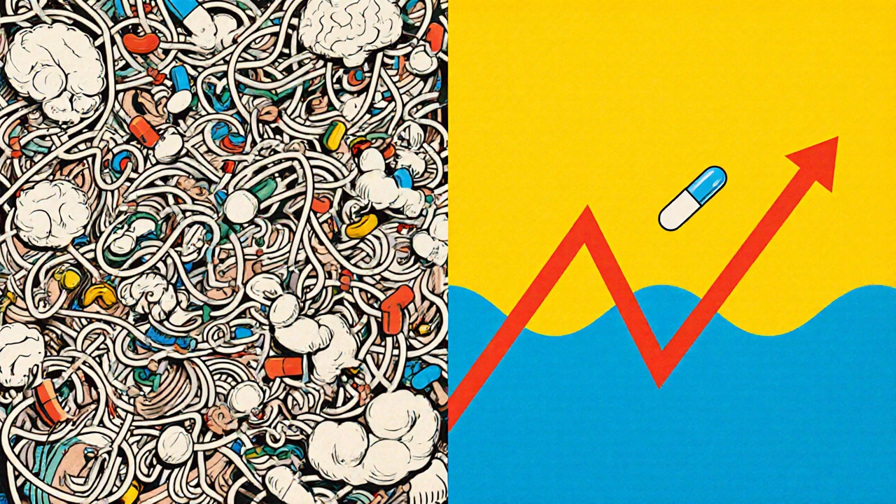 A split scene contrasts chaotic psychiatric meds with a calming blue wave lowering a blood pressure line in bold graphic style.